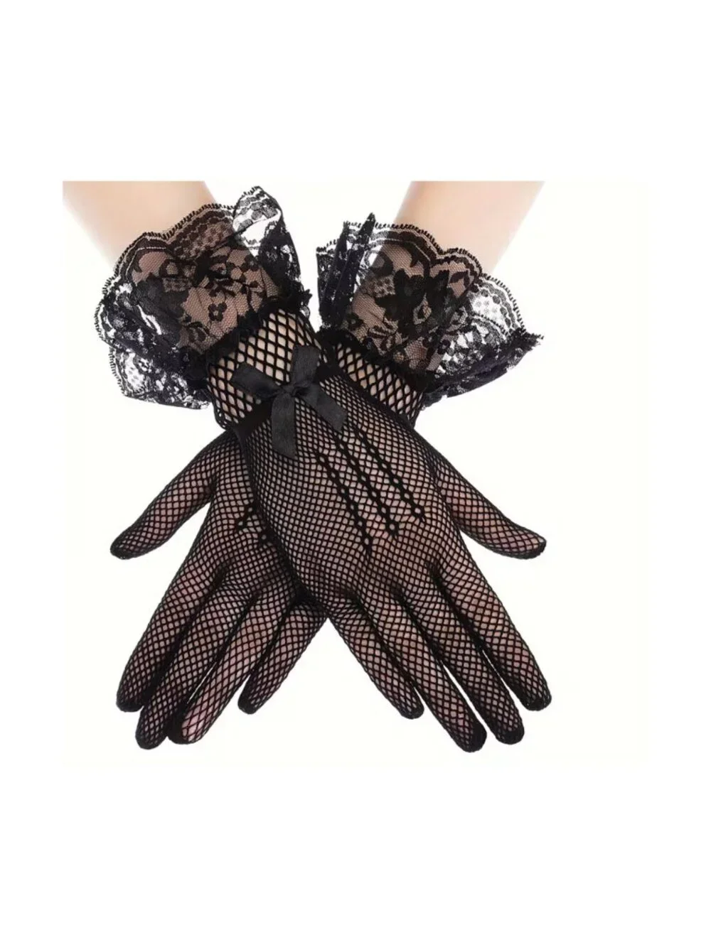 Fishnet Gloves Black Lace Trim Satin Bow Dance Gothic Carnival Role-Playing